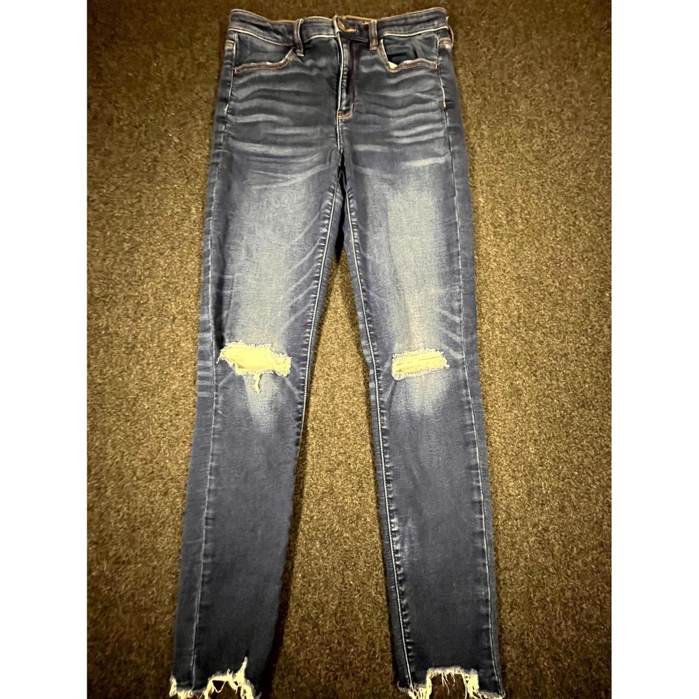 American Eagle Outfitters Jegging Jeans Womens 8 Blue Stretch Distressed Raw Hem